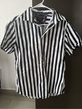 Denim & Flower Men's Vertical Striped Short Sleeve Shirt - Navy/White - Medium